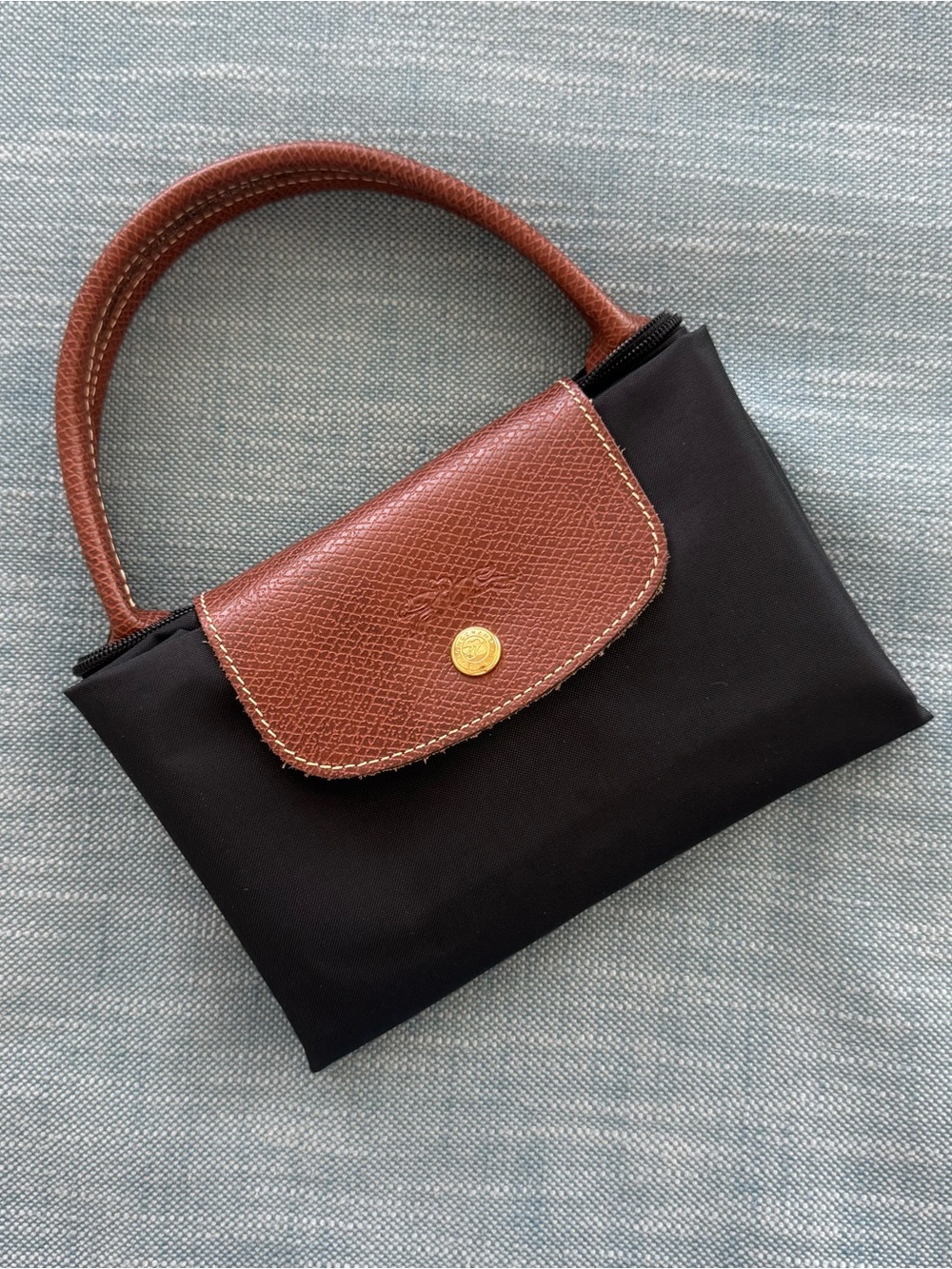 Longchamp Le Pliage Original Medium Tote Black Nylon Brown Leat - Picture 9 of 9